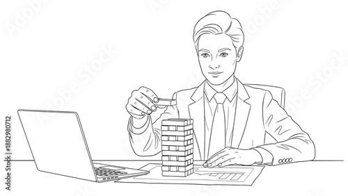 Businessman engaging in strategy with jenga blocks at work desk