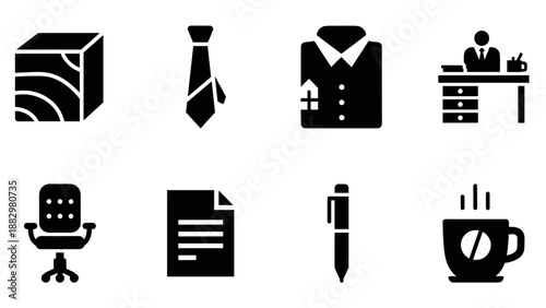 Office essentials icon set: silhouette design for business and work environments