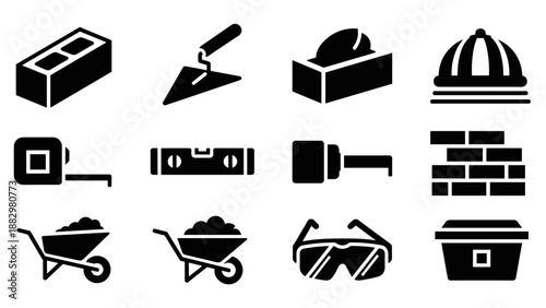 Construction tools and equipment icons: silhouette style for building projects