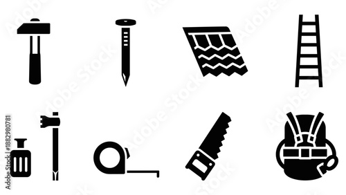 Construction tools icons set: hammer, nail, roof, ladder, and more in silhouette style
