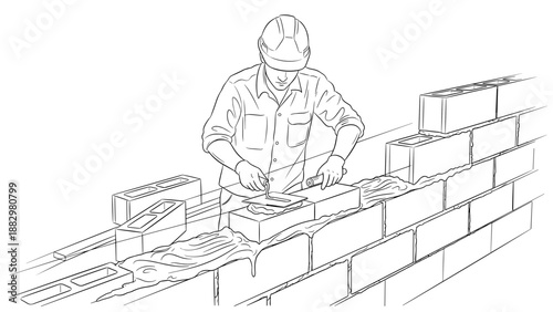 Detailed line drawing of a construction worker building a brick wall