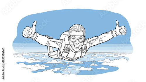 Thrilling skydiver giving thumbs up during freefall over scenic clouds in linear style