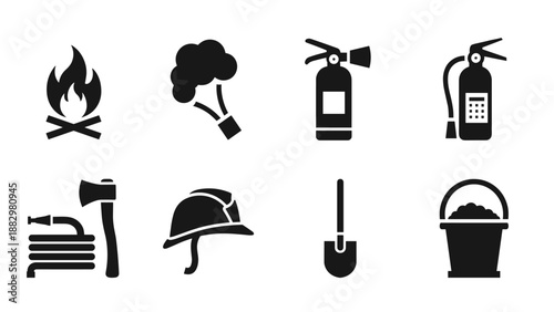Fire safety icons set: essential equipment and symbols for emergency preparedness