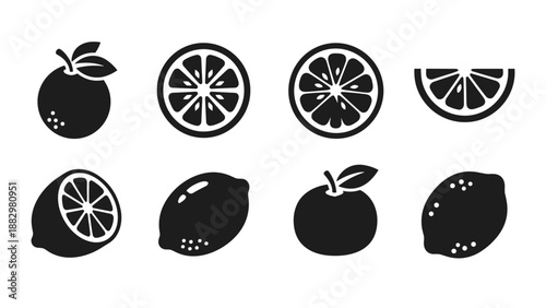 Citrus fruit icons set: black silhouette oranges and lemons in minimalist design