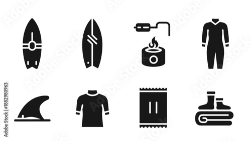 Surfing and beach gear icons set in bold silhouette style