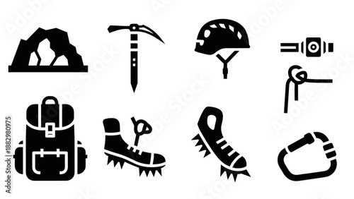 Essential mountaineering gear icons: climbing helmet, ice axe, rope, backpack
