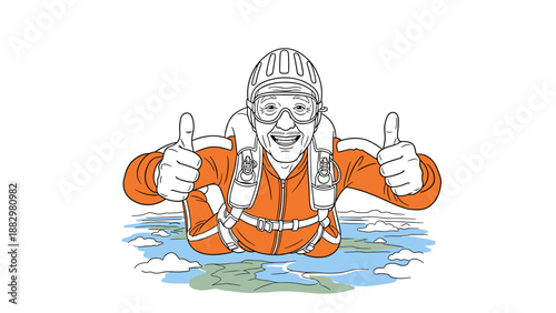 Happy senior skydiver with parachute gear enjoying adventure in cartoon style
