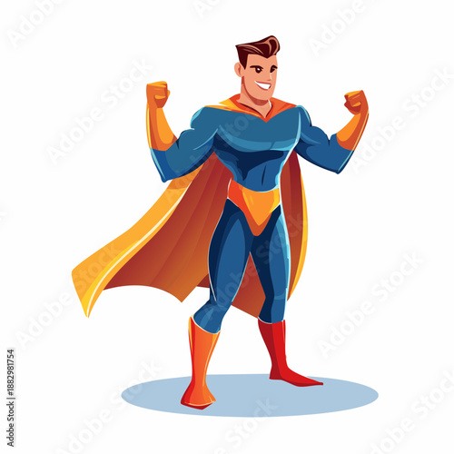 Dynamic comic book style superhero character in bold pose and flat vector illustration