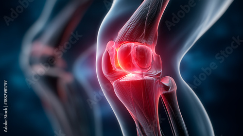 Illustration of inflamed knee joint showing inflammation. Medical concept photo of joint pain and arthritis. Visual of knee anatomy with highlighted red area. Human body illustration of inflammation