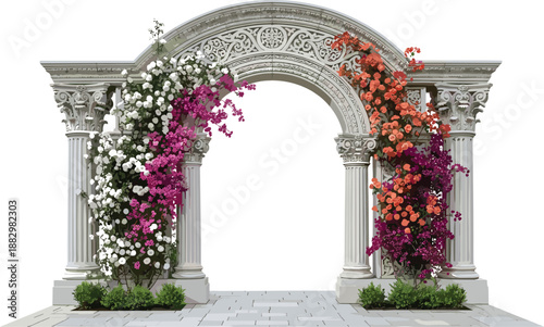 Classical floral archway illustration, Corinthian column pavilion, ornate architecture with vines, romantic garden structure, black white vector design
