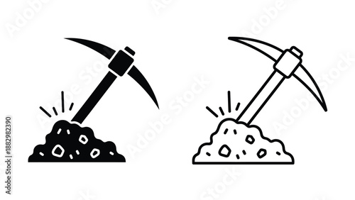 two pickaxes with piles of rocks and earth mining tools illustration