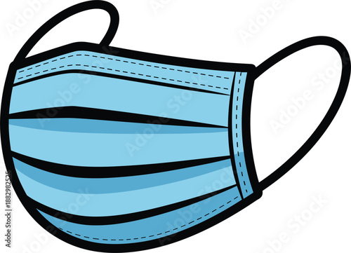 Blue Disposable Medical Face Mask with Black Outline and Ear Loops on White Background medical mask