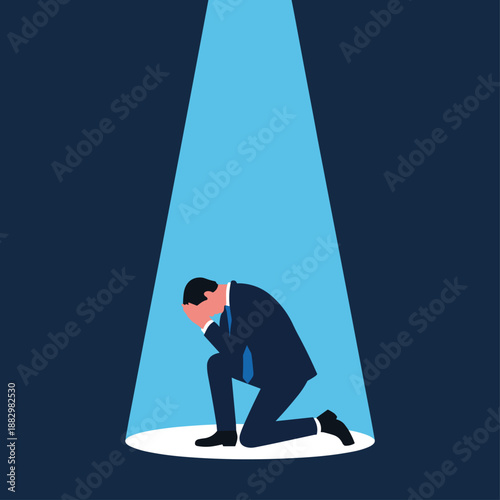 Businessman Kneeling in Spotlight Covering Face in Despair Keywords: businessman, kneeling, spotlight, despair, sadness, failure, stress, depression, crisis, problem, dark