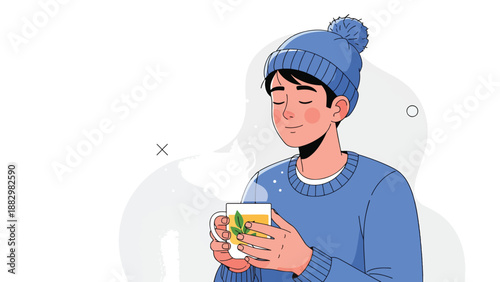 Cozy young man in blue hat and sweater enjoying a warm cup of steaming herbal tea, eyes closed in blissful relaxation on a cold day, self-care moment.