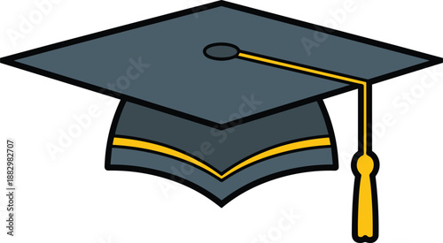 Dark gray graduation cap with yellow tassel and accent stripes on white background mortarboard academic cap