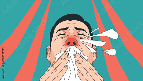 Vector illustration of a man with a red nose sneezing forcefully into a tissue, representing cold, flu, allergy symptoms, and respiratory hygiene.