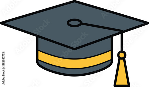 Graduation cap with a yellow tassel on a white background Keywords: graduation cap, academic cap, mortarboard, tassel, graduation, education, academia, school, university