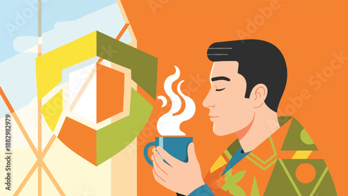 Man enjoying a warm cup of coffee or tea, with a colorful abstract geometric shape in the background.