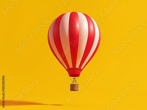 Red and white striped hot air balloon suspended against a vibrant yellow background