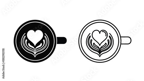 two cups of coffee with latte art heart and floral designs black and white