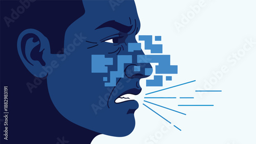 Close-up of a man's face with pixels erupting from his nose, symbolizing illness, allergy, or digital pollution