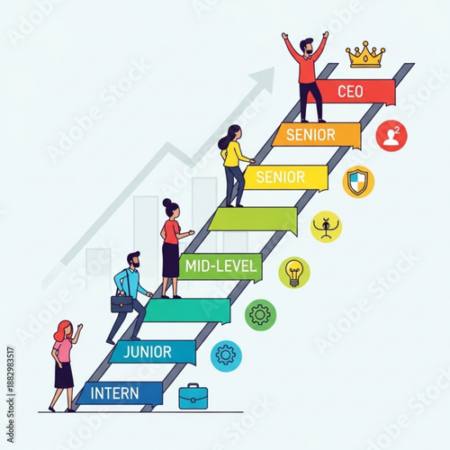 A vector graphic illustrating a corporate career ladder with employees climbing up