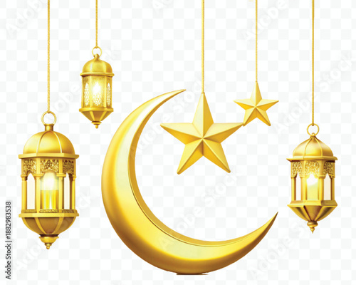 abstract 3d golden color crescent moon, lantern and star hanging in different gold color style isolated on transparent background