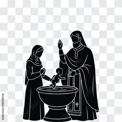 Orthodox Baptism Silhouette with Priest Blessing Child at Font Reverent Composition