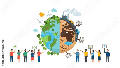 A group of people holding signs around a divided Earth illustration