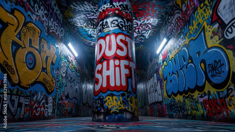 Obraz premium Dust Shift Canister in Graffiti Covered Room with Dramatic Lighting