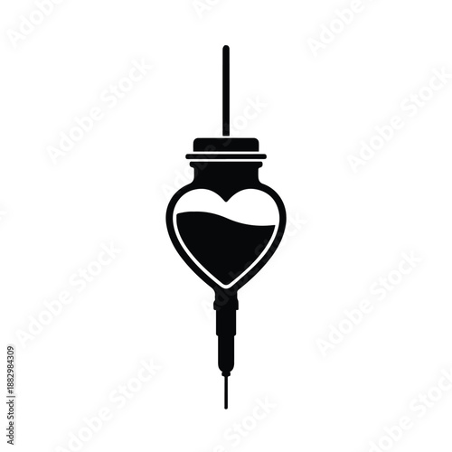 Heart shaped IV drip chamber silhouette icon symbolizing love for medicine and healthcare care