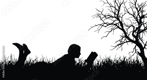 Literary Serenity Under the Sky: A silhouette of a person absorbed in the pages of a book, resting peacefully under the shade of a tree. A moment of quiet escape. 