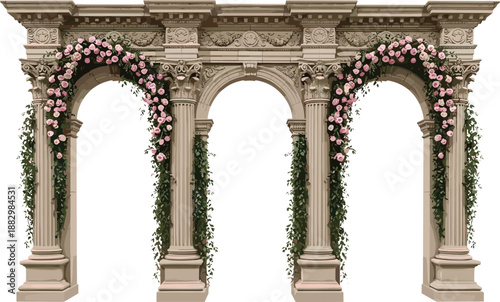 Classical triple arch pavilion, Corinthian column structure, floral vine decoration, romantic garden illustration, black white vector design