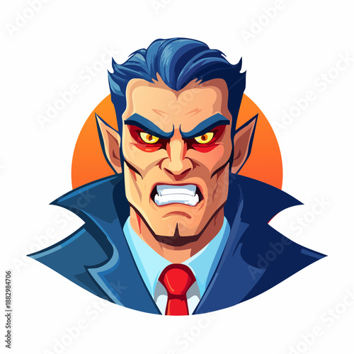 Dramatic close-up of a comic book villain character with exaggerated facial expression and bold outline