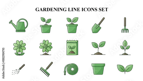 Collection of distinct green gardening line icons representing tools, seedlings, potted plants, flowers, and essential planting supplies.