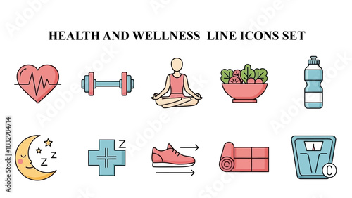 Essential collection of line icons depicting various aspects of physical fitness, nutrition, medical care, and healthy sleep habits.