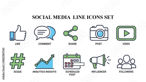 A comprehensive set of vibrant line icons representing essential social media marketing tools and engagement metrics for digital strategy.