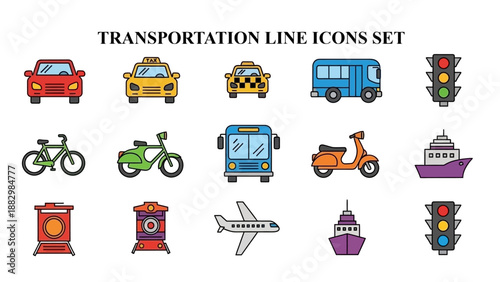 Collection of colorful line icons depicting various modes of urban and long-distance transportation and traffic signals.