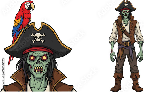 Zombie pirate cartoon illustration, undead sailor character vector, spooky Halloween design, black white artwork, parrot companion clipart