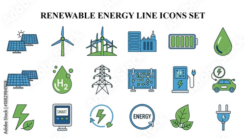 Comprehensive set of line icons illustrating various renewable energy sources, storage solutions, and green technology concepts effectively.
