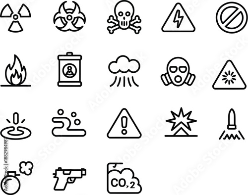 Set of black linear danger icons collection warning attention symbols radioactive toxic skull biohazard explosion weapon bomb co2