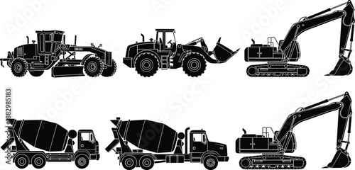 Construction vehicle silhouette set, excavator mixer loader grader vector, civil engineering machinery illustration, black white transport artwork