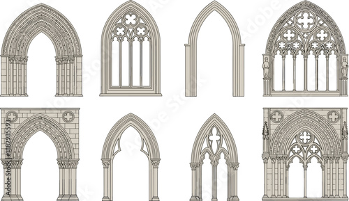 Gothic arch and window illustration set, ornate tracery design, medieval architecture vector, black white silhouette bundle