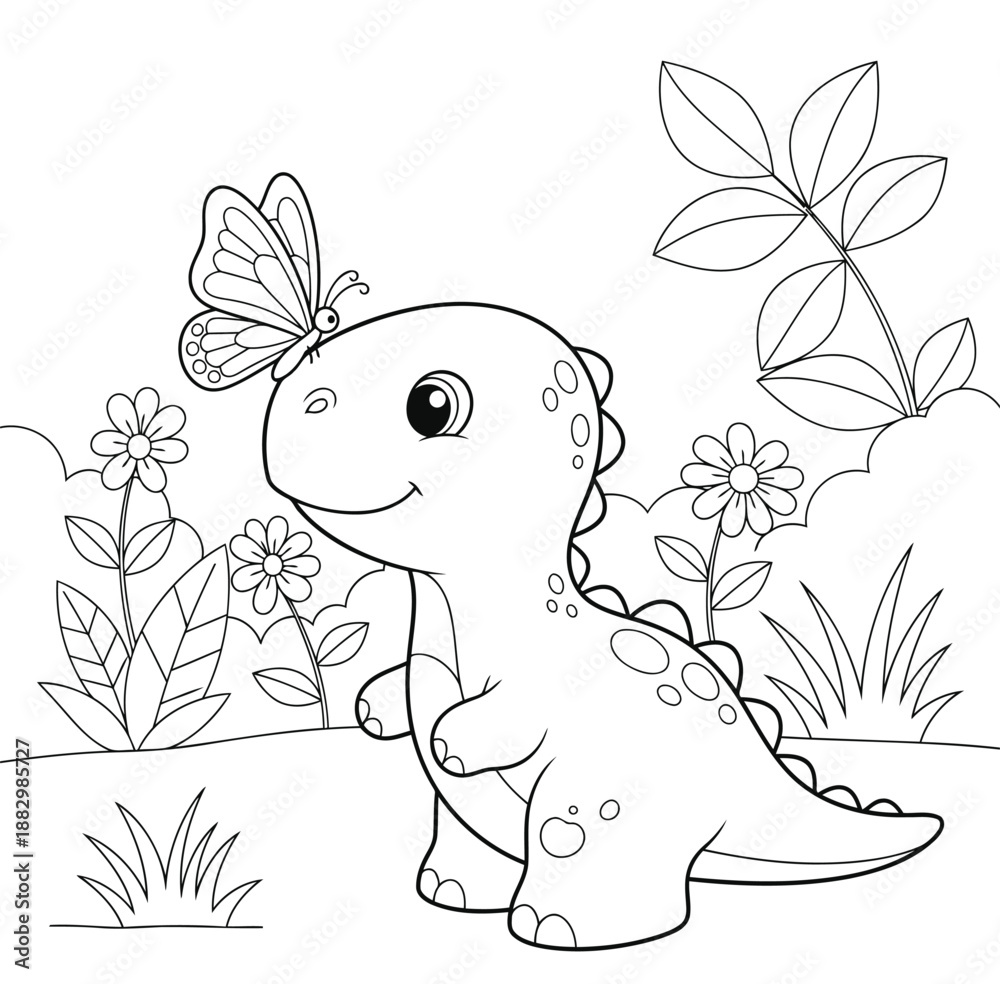 Fototapeta premium Cute Dinosaur with Butterfly on Nose Coloring Page for Kid