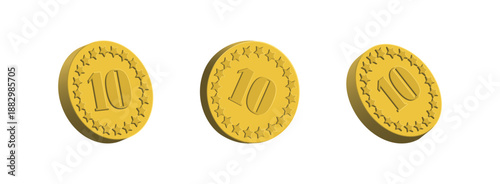 Three gold coins on a transparent background in 3D. Vector Illustration