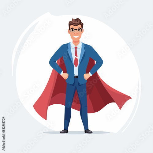 Confident businessman in superhero pose, standing heroically with hands on hips, vector illustration