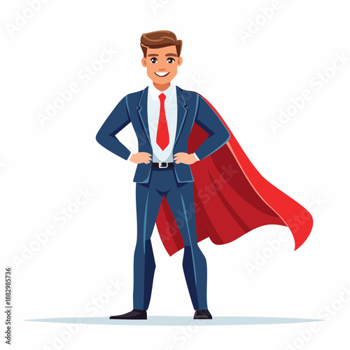 Confident businessman standing heroically in a superhero pose with a cape, vector illustration.