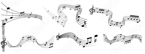 Music notes waves set. Abstract music notes melody, treble clef on stave. Treble staff, G-clef staff design elements on transparent background