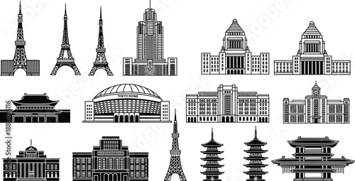 Japanese architecture icon set, Tokyo Tower and Dome vector, pagoda silhouette illustration, cultural building design, black white artwork