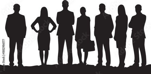 Silent Stance: Silhouetted figures of professionals stand united, exuding confidence and teamwork. An embodiment of silent determination, collaboration and success in the field of business.